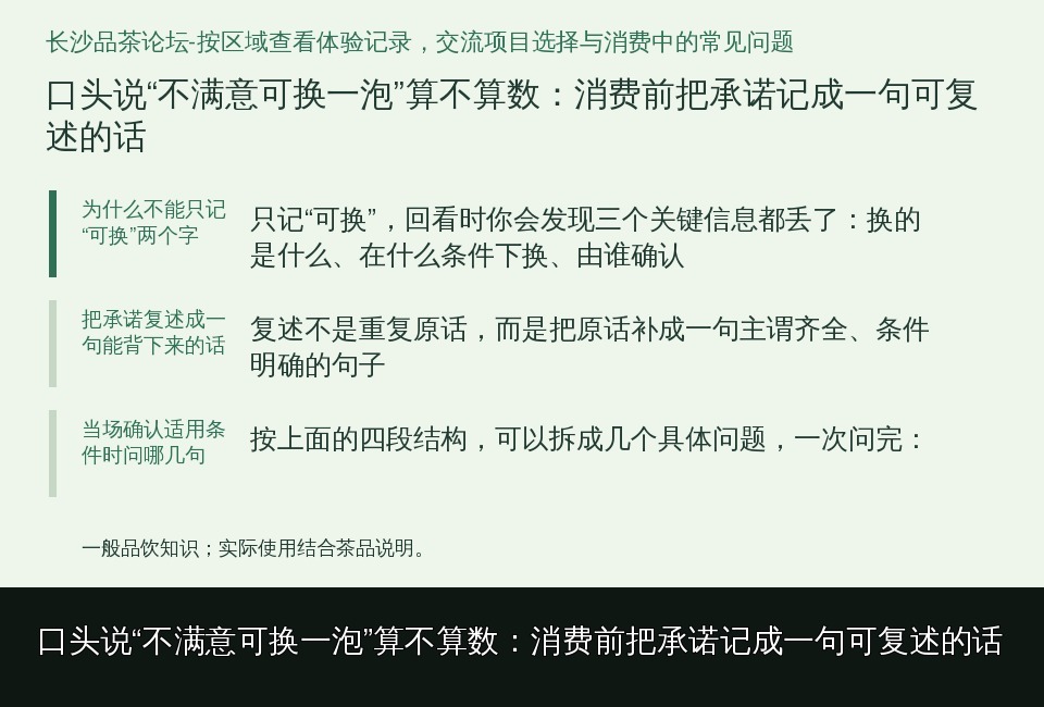 口头说“不满意可换一泡”算不算数：消费前把承诺记成一句可复述的话的知识要点示意图